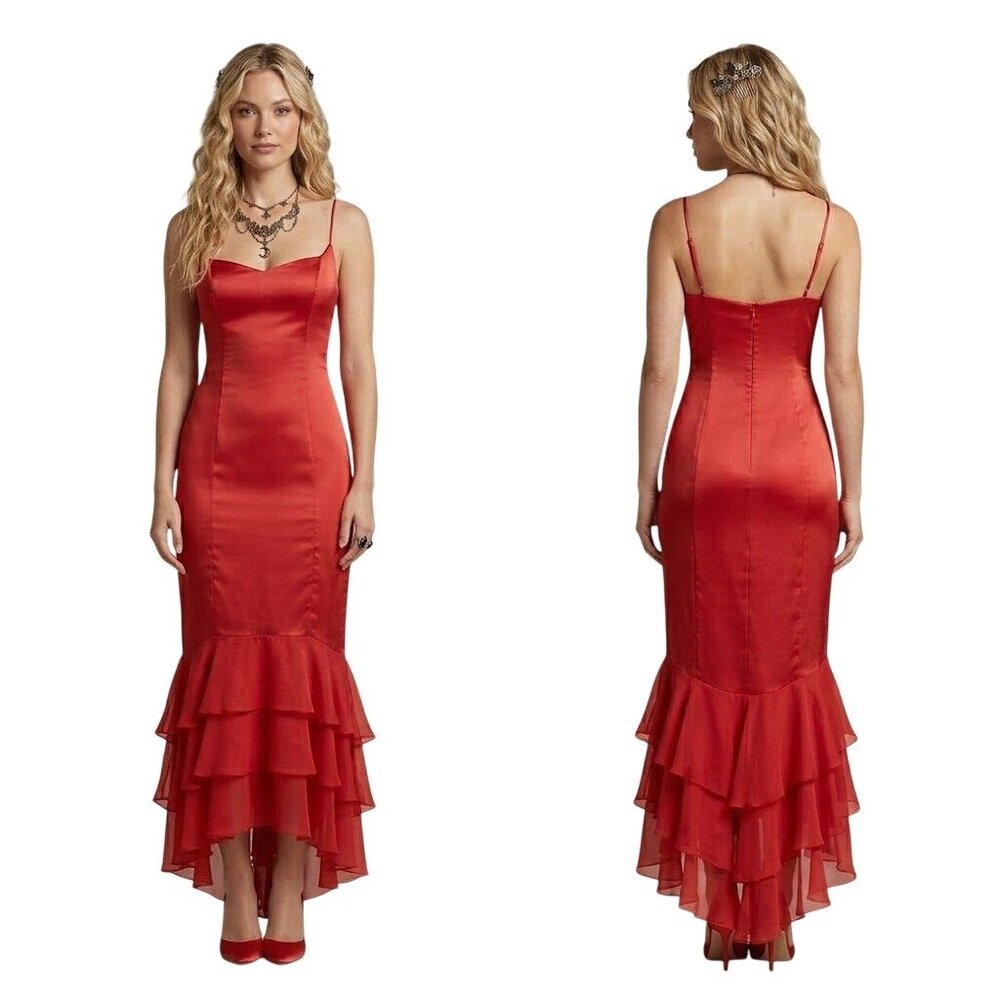 De Laru Mermaid Satin Chiffon Ruffles Midi Dress 6 New Red Whimsygoth Siren